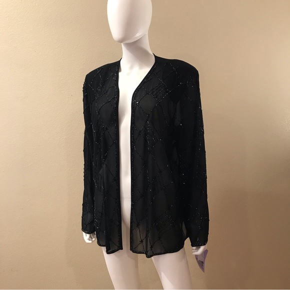 RM Richards Sheer Black Beaded Open Front Jacket NEW Size 18 2X Elegant Glamour - Picture 8 of 13